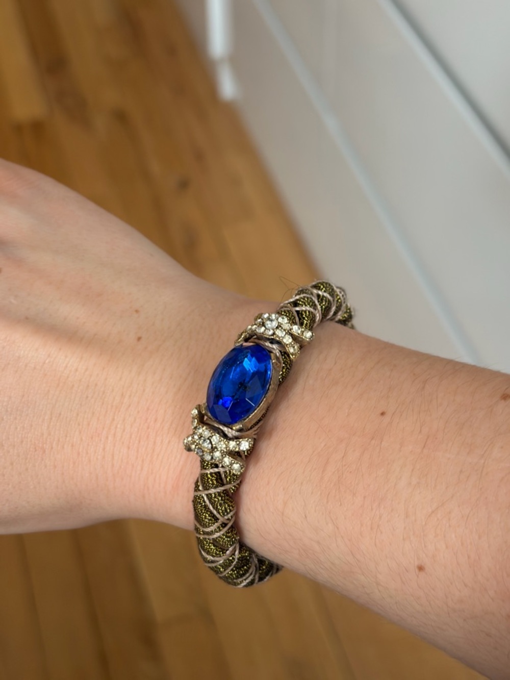 Vintage Inspired Royal Blue Crystal Bracelet with Gold-Tone Braided Band